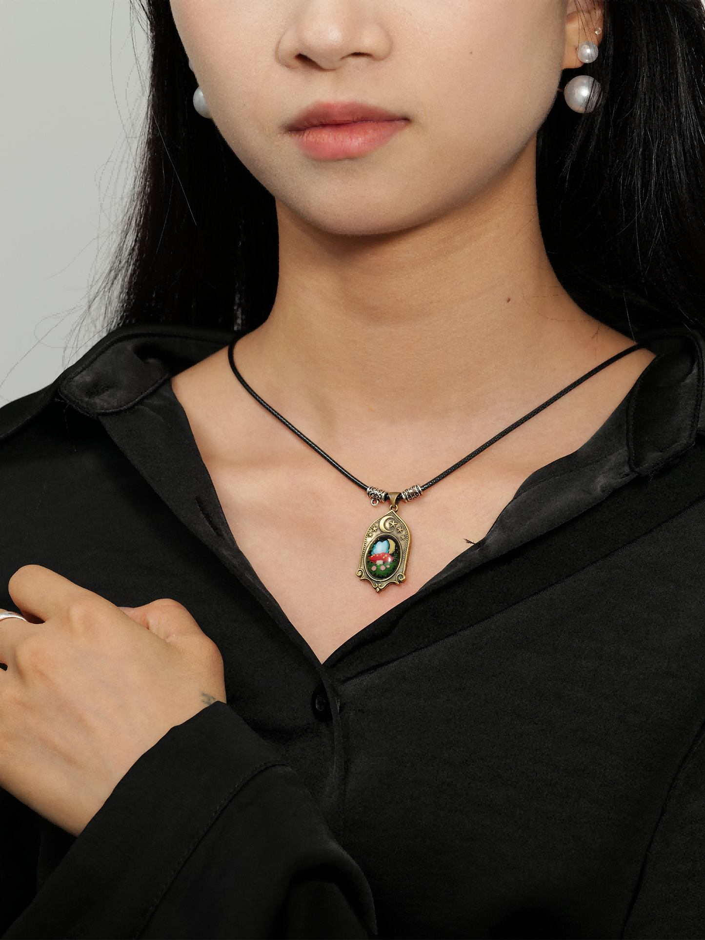 Moonlight Mushroom Cottage Pendant – Handcrafted Brass Relief Art Necklace
