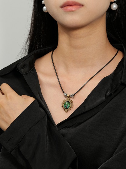Whisper of the Duskwing · Hand-Painted Brass Relief Necklace – Forest Dragonfly Amulet