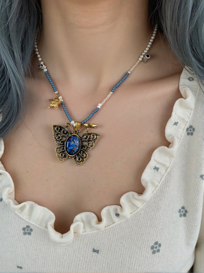 Mystic Butterfly Brass Pendant – Inlaid Relief Art Midnight Garden Necklace