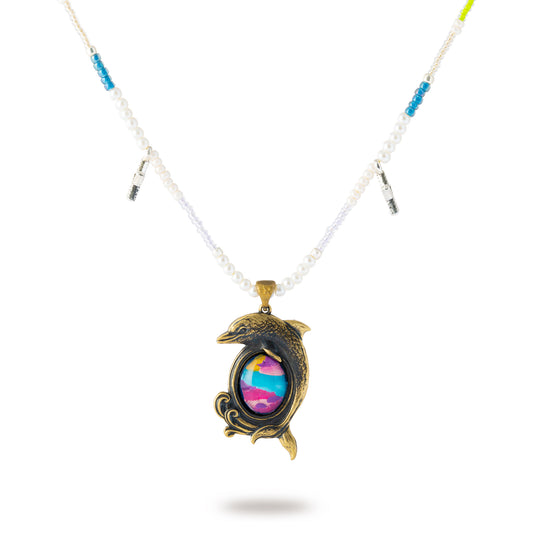 Ocean Glow Dolphin Brass Pendant – Inlaid Relief Art Coastal Necklace