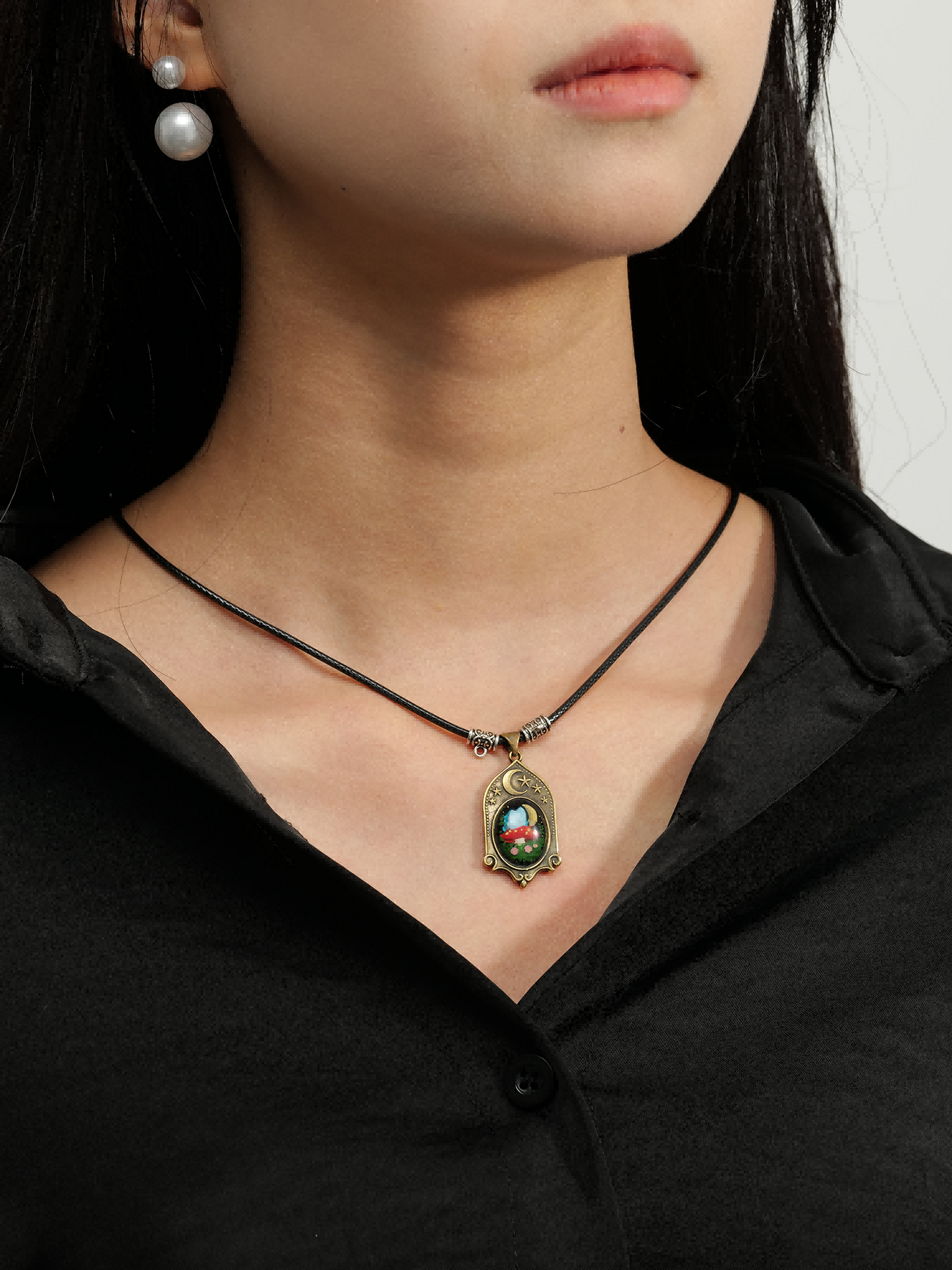 Moonlight Mushroom Cottage Pendant – Handcrafted Brass Relief Art Necklace