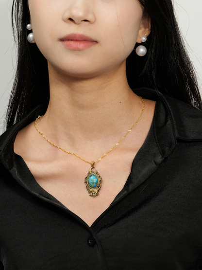 Moonlit Bloom & Elephant Brass Pendant – Inlaid Relief Art Night Blossom Necklace