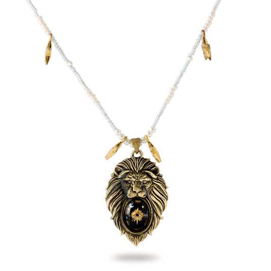 Stellar Lion Pendant Necklace – Vintage Brass with Inlaid Relief Art
