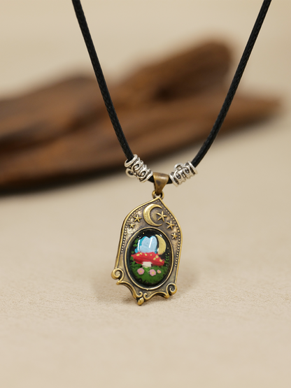 Moonlight Mushroom Cottage Pendant – Handcrafted Brass Relief Art Necklace