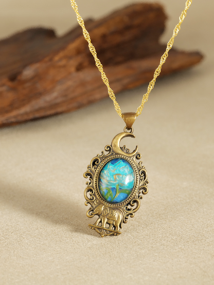 Moonlit Bloom & Elephant Brass Pendant – Inlaid Relief Art Night Blossom Necklace