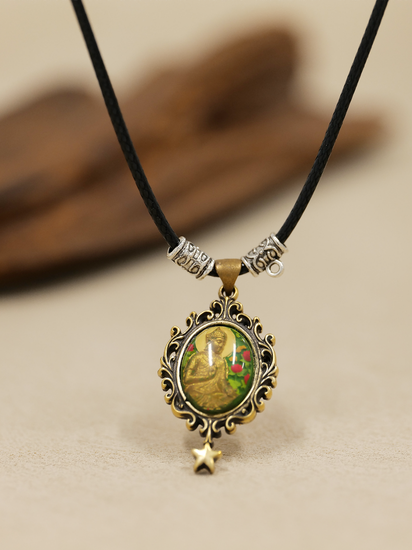 Serene Lotus Guardian Pendant – Brass Relief Resin Necklace