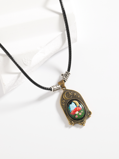 Moonlight Mushroom Cottage Pendant – Handcrafted Brass Relief Art Necklace
