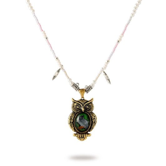 Owl Guardian Pendant Necklace – Vintage Brass with Inlaid Relief Art