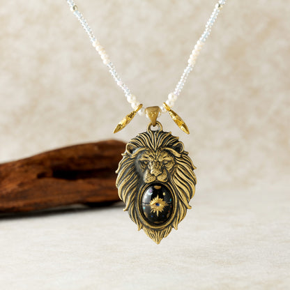 Stellar Lion Pendant Necklace – Vintage Brass with Inlaid Relief Art