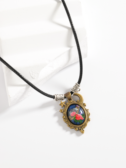 Moonlight Rose Wishing Hand-painted Brass Cameo Necklace - Vintage Moon and Rose Pendant