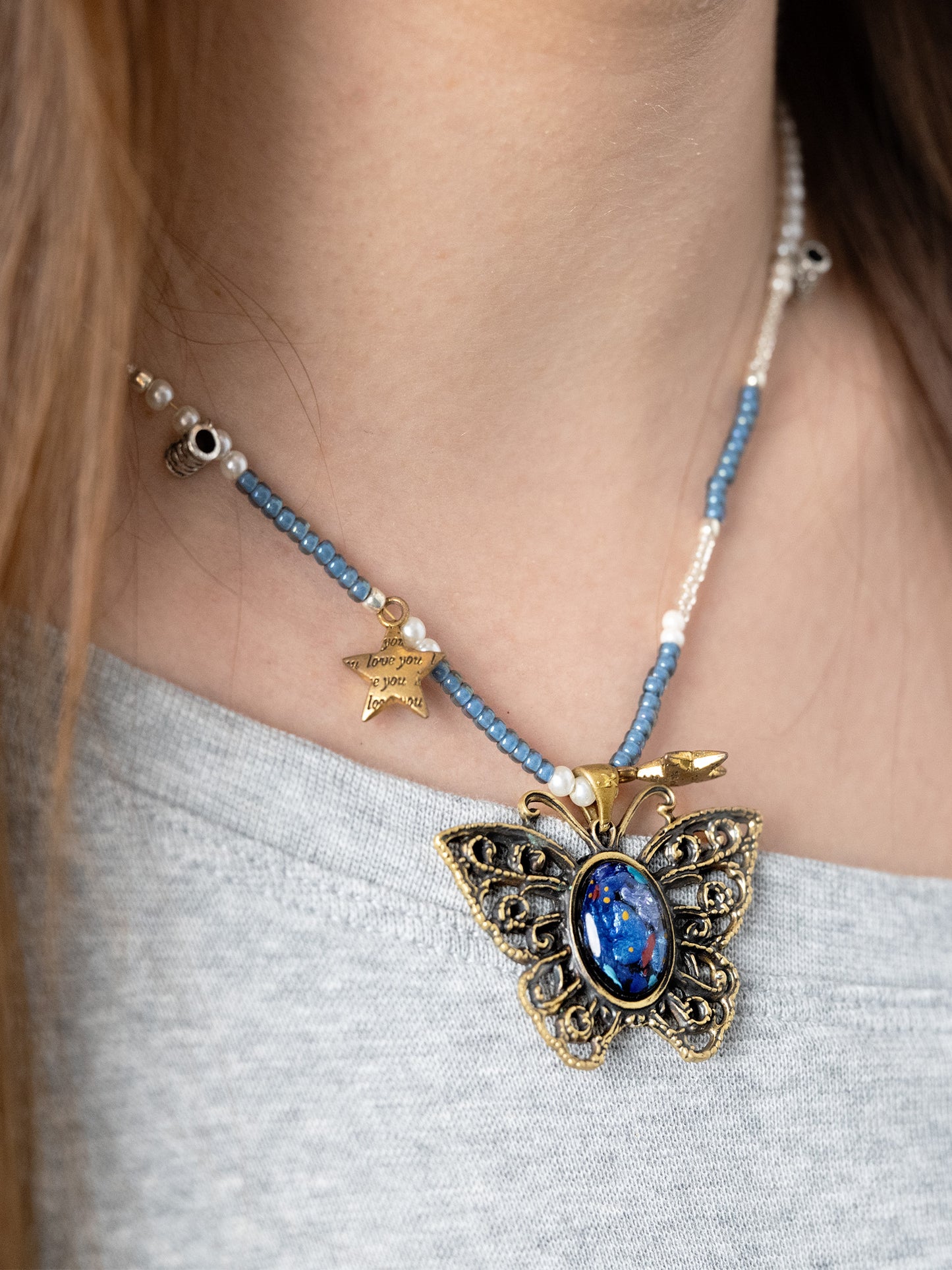 Mystic Butterfly Brass Pendant – Inlaid Relief Art Midnight Garden Necklace