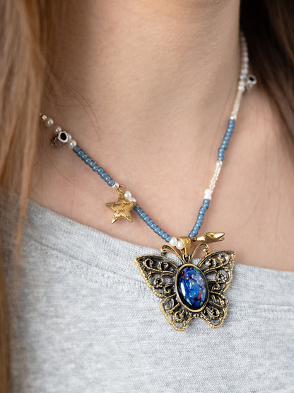 Mystic Butterfly Brass Pendant – Inlaid Relief Art Midnight Garden Necklace