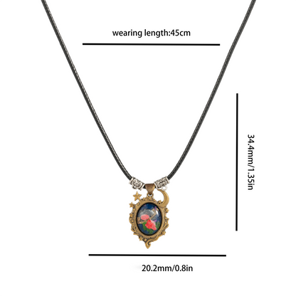 Moonlight Rose Wishing Hand-painted Brass Cameo Necklace - Vintage Moon and Rose Pendant