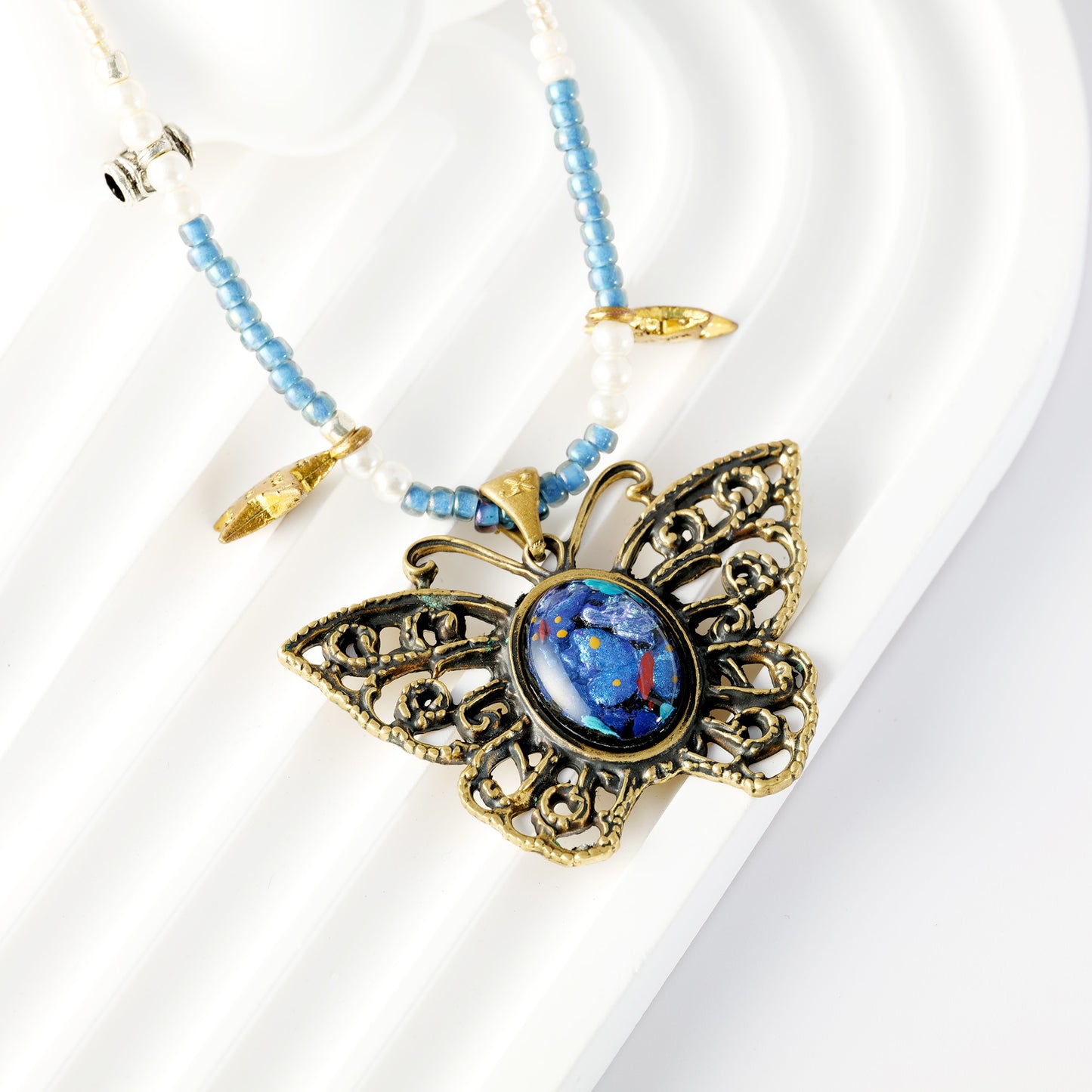 Mystic Butterfly Brass Pendant – Inlaid Relief Art Midnight Garden Necklace