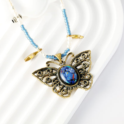 Mystic Butterfly Brass Pendant – Inlaid Relief Art Midnight Garden Necklace
