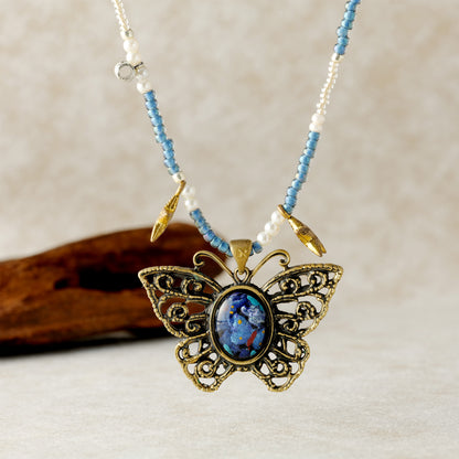 Mystic Butterfly Brass Pendant – Inlaid Relief Art Midnight Garden Necklace