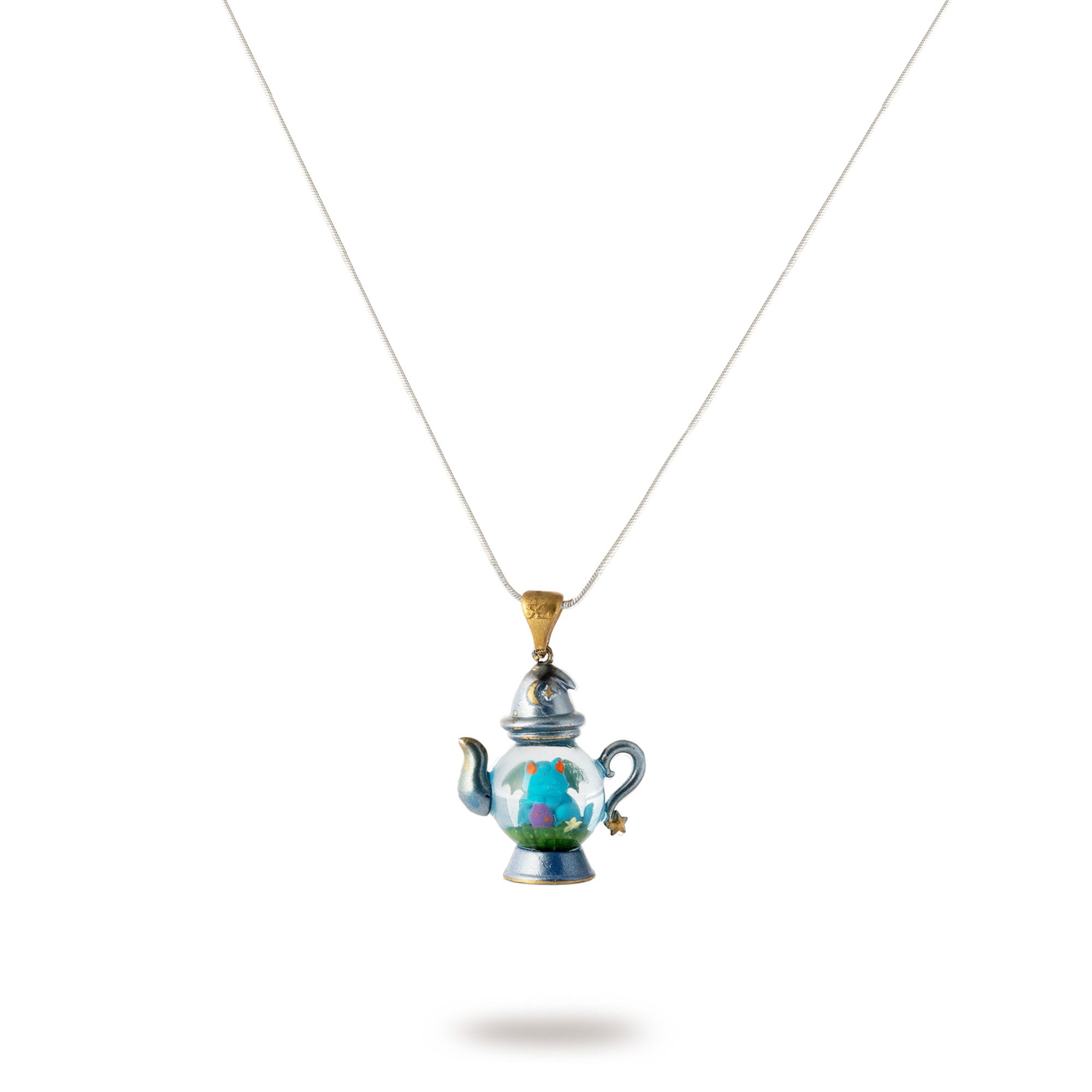 alt="Dream Distiller Necklace teapot pendant with resin dewdrop inside"