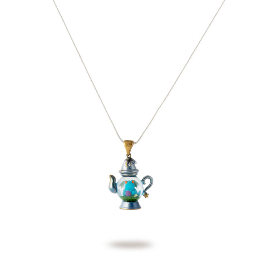 alt="Dream Distiller Necklace teapot pendant with resin dewdrop inside"