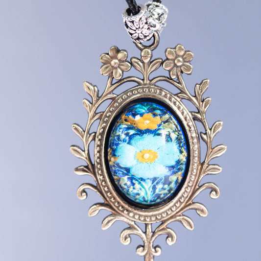 Vintage Floral Brass Pendant Necklace – Hand-Painted Blue Wildflower Art | Botanical Cottagecore Jewelry