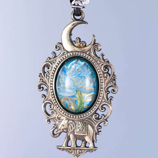 Mystic Elephant & Moon Pendant Necklace – Hand-Painted Blue Dreamscape in Vintage Brass Frame | Boho Fantasy Jewelry