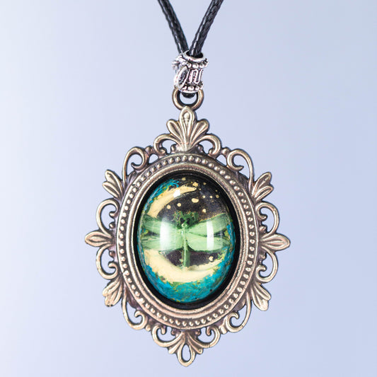 Mystical Dragonfly Pendant Necklace – Hand-Painted Insect Art in Vintage Brass Frame | Forest Fairycore Jewelry