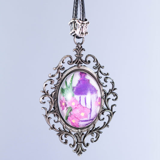 Vintage Floral Lantern Pendant Necklace – Hand-Painted Garden in Ornate Silver Frame | Dreamy Romantic Jewelry