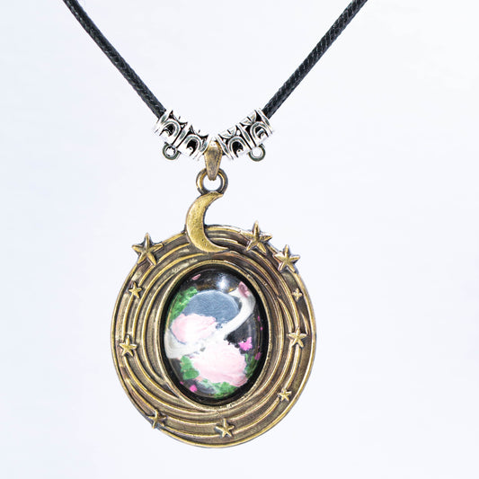 Celestial Moon & Stars Brass Pendant Necklace – Hand-Painted Cloud Art | Vintage Dreamcore Jewelry