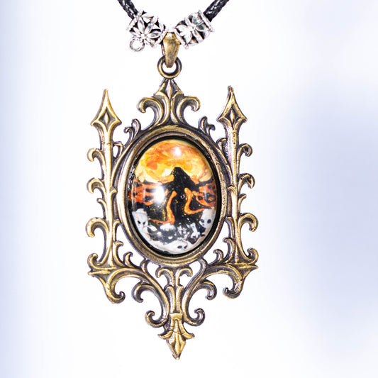 Gothic Vintage Brass Pendant Necklace – Cthulhu Mythos Art in Ornate Frame | Lovecraftian Horror Jewelry