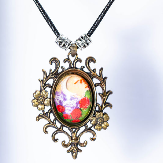 Vintage Floral Brass Pendant Necklace – Hand-Painted Sunset Landscape with Moon & Roses | Romantic Nature Jewelry
