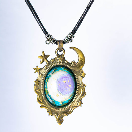 Celestial Moon & Stars Pendant Necklace – Hand-Painted Purple Moon in Vintage Brass Frame | Dreamcore Fantasy Jewelry
