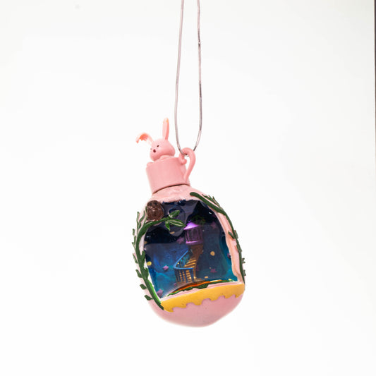 Moonlight Hideaway Micro Landscape Necklace – Hand-Painted Resin Pendant with Bunny & Treehouse Scene