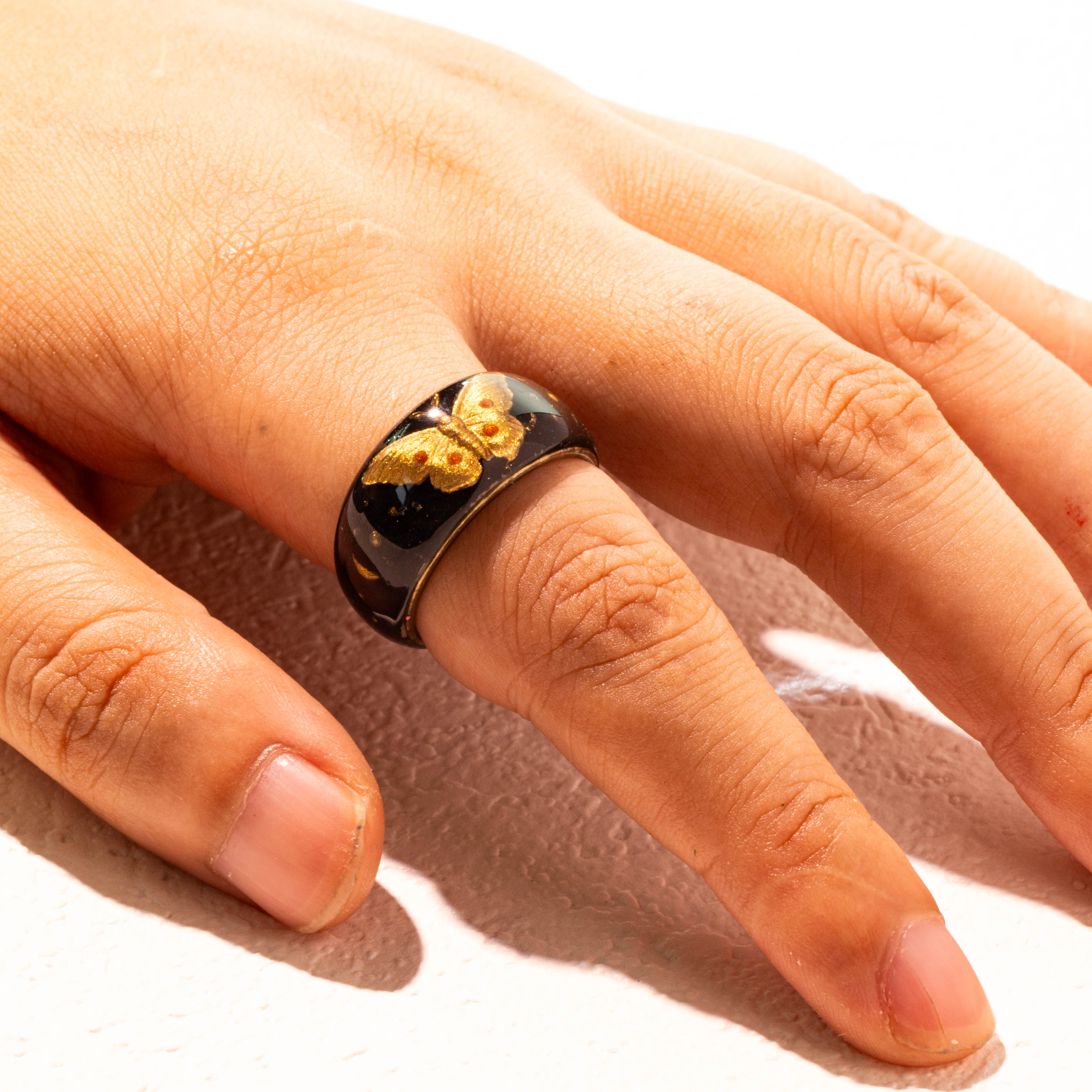 Golden Nocturne · Gilded Butterfly Relief 925 Silver Ring