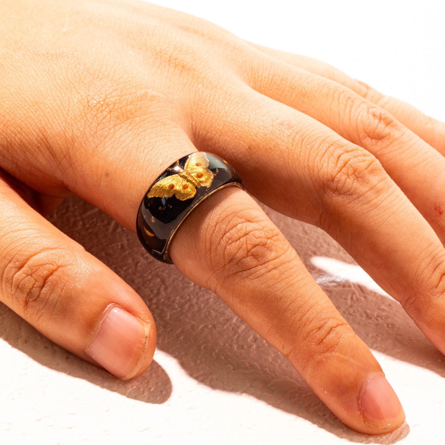 Golden Nocturne Ring – 925 Silver Gilded Butterfly Black Enamel Jewelry