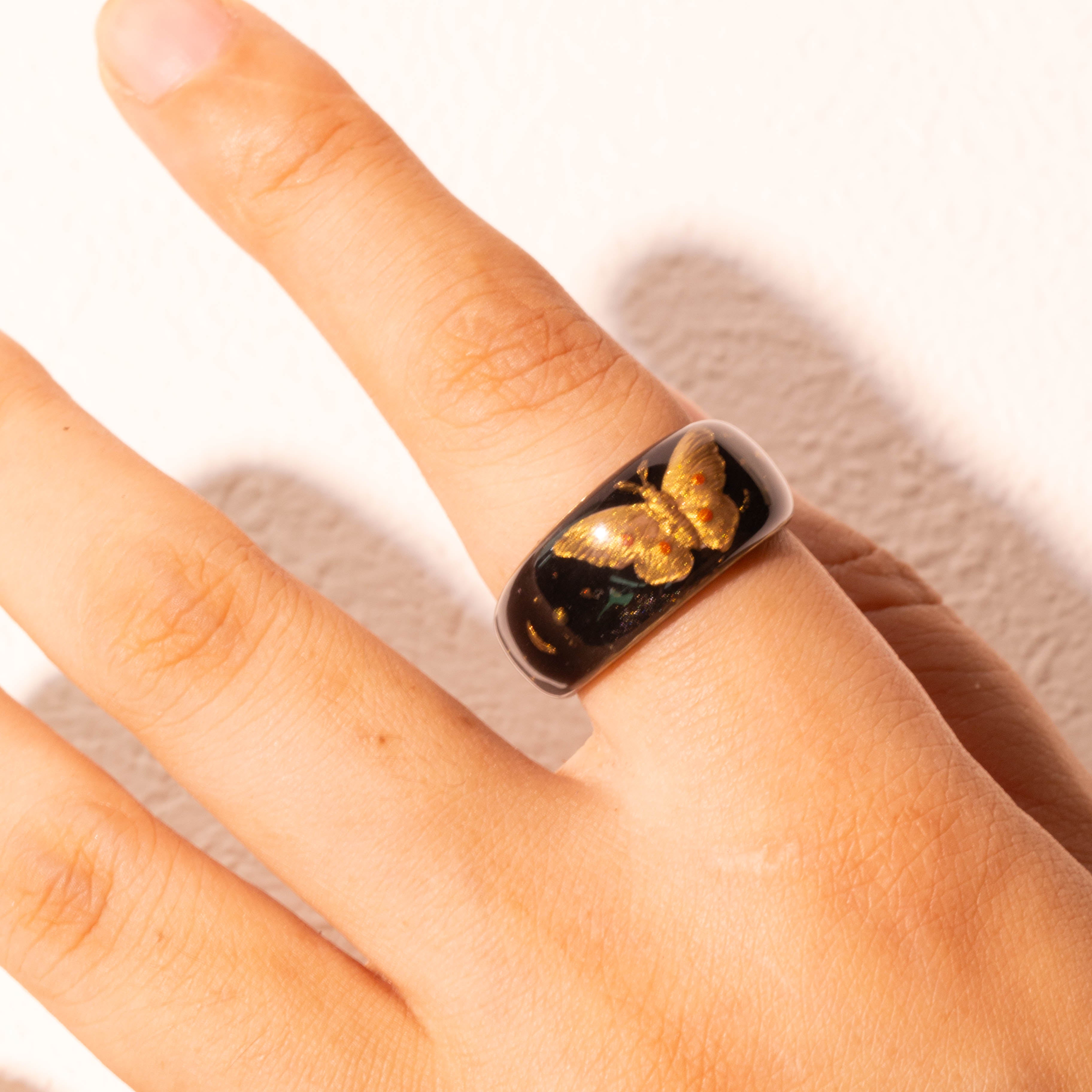 Golden Nocturne · Gilded Butterfly Relief 925 Silver Ring