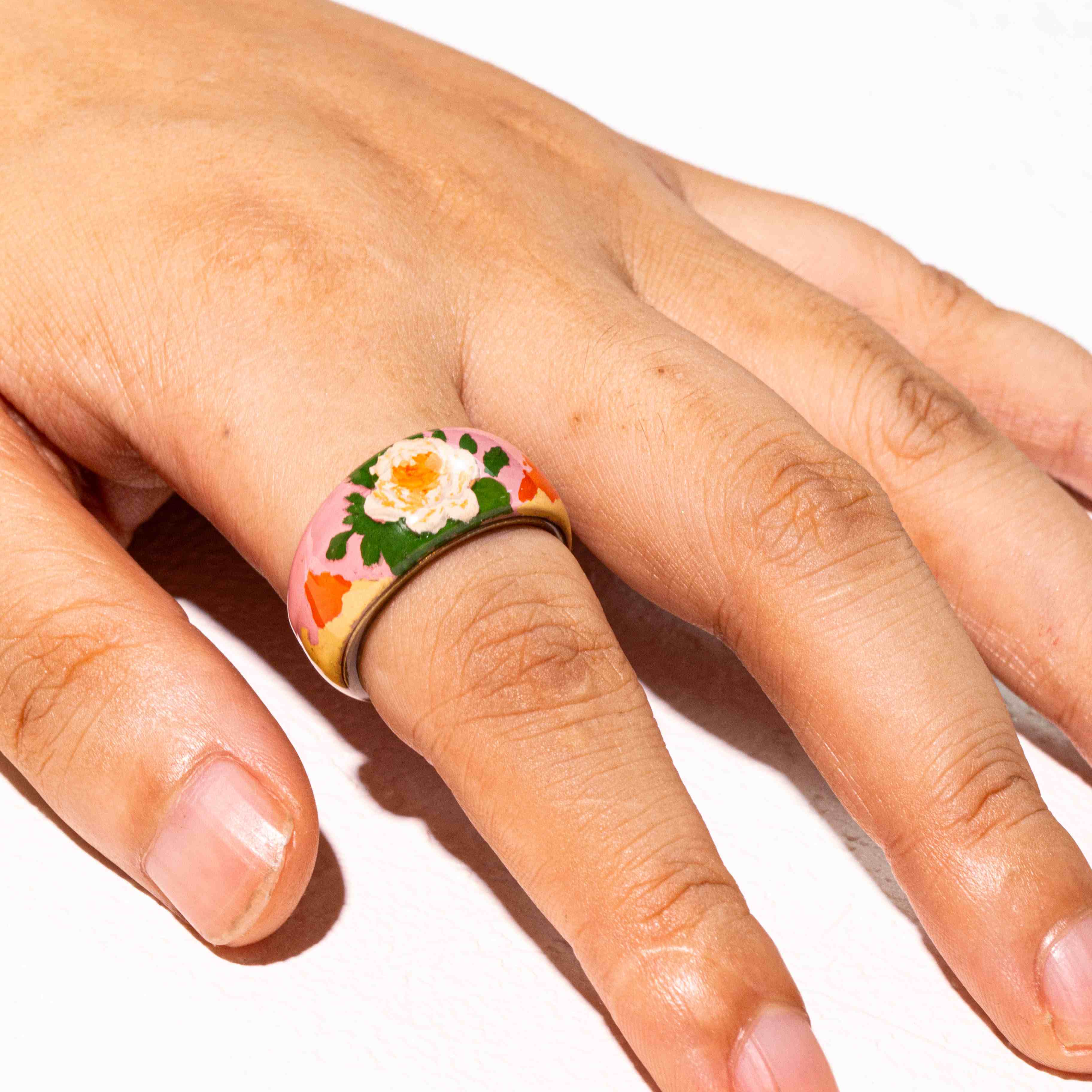 Blossom Whispers · Hand-Painted Floral 925 Silver Ring
