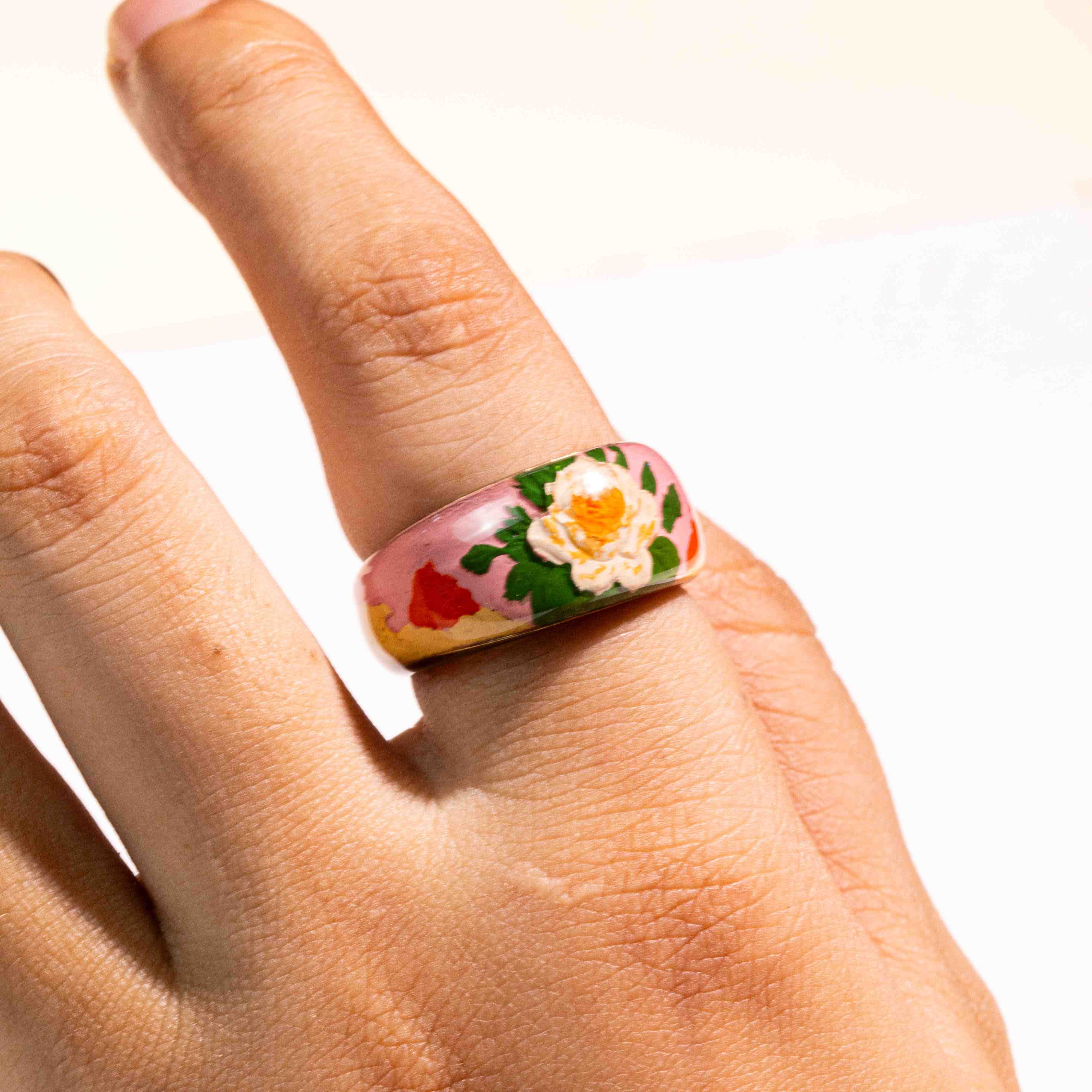 Blossom Whispers · Hand-Painted Floral 925 Silver Ring