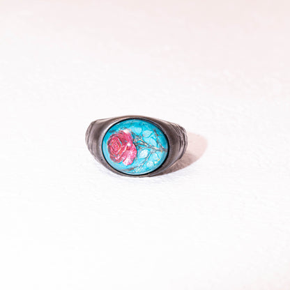 925 sterling silver rose ring with turquoise resin relief
