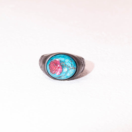 925 sterling silver rose ring with turquoise resin relief