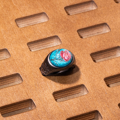 925 sterling silver rose ring with turquoise resin relief