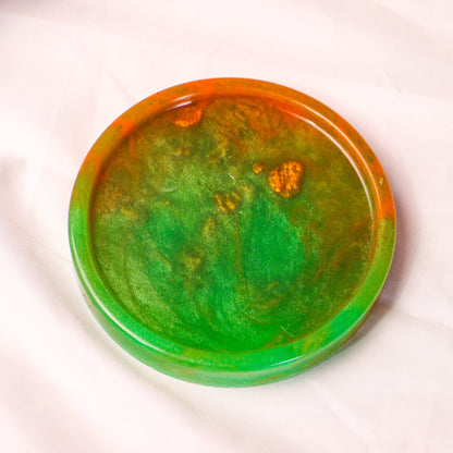 Handcrafted Resin Art Coaster - Vibrant Green and Orange Jade Design | Unique Valentine's Day Gift for Nature Lovers