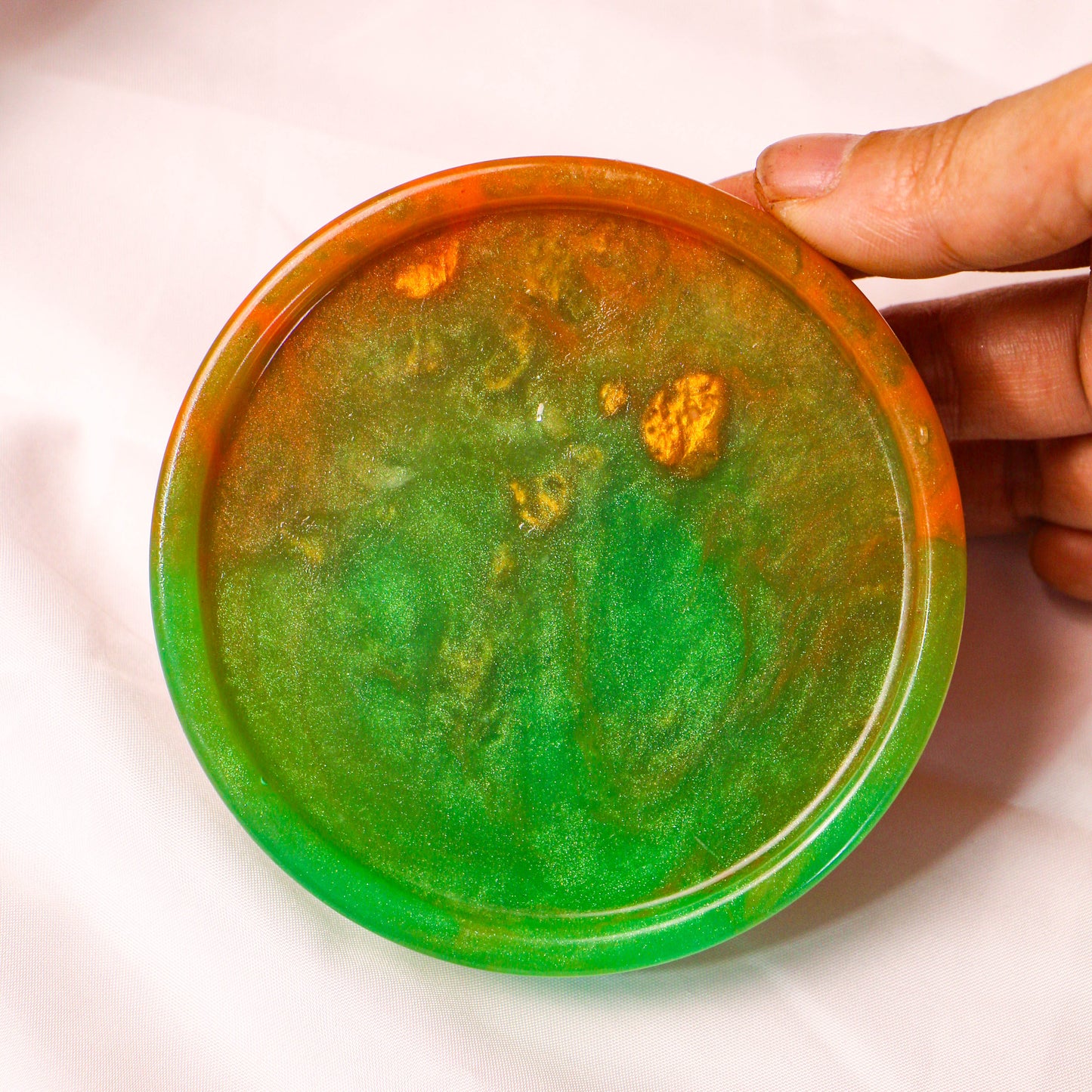 Handcrafted Resin Art Coaster - Vibrant Green and Orange Jade Design | Unique Valentine's Day Gift for Nature Lovers