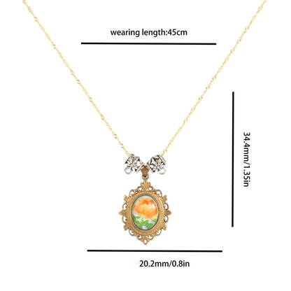 Rose in Golden Light · Hand-painted Brass Relief Floral Necklace – Vintage Sunlit Pendant for Women